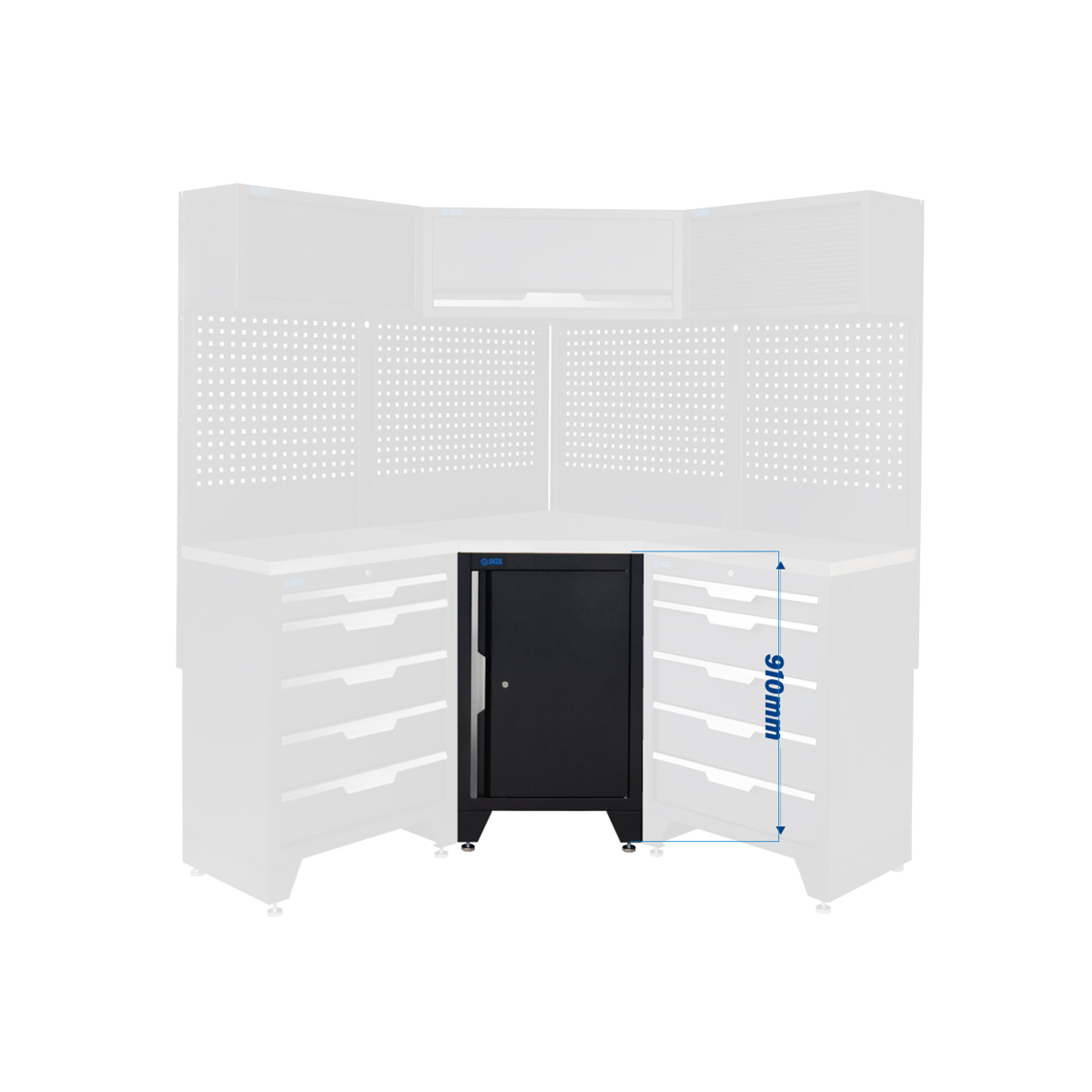 SGS 10pc Corner Garage Storage System | 10 Drawers | Stainless Steel Worktop | Corner Floor Cabinet | 1x Lift-up & 2 Roller Door Wall Cabinets